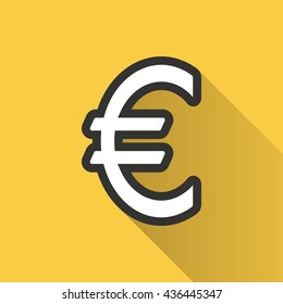 Euro vector icon with long shadow. Illustration isolated on yellow background for graphic and web design.