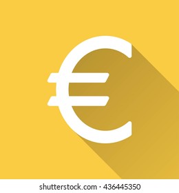 Euro vector icon with long shadow. White illustration isolated on yellow background for graphic and web design.