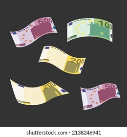 Euro Vector Illustration. Europe money set bundle banknotes. Falling, flying money 500, 200, 100 EUR. Flat style. Isolated on white background. Simple minimal design.