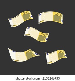 Euro Vector Illustration. Europe money set bundle banknotes. Falling, flying money 200 EUR. Flat style. Isolated on white background. Simple minimal design.