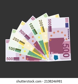 Euro Vector Illustration. Europe money set bundle banknotes. Paper money 500, 200, 100 EUR. Flat style. Isolated on white background. Simple minimal design.