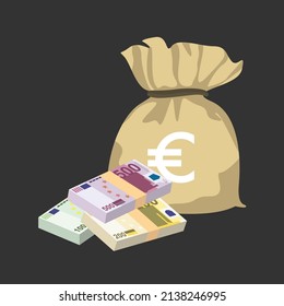 Euro Vector Illustration. Europe money set bundle banknotes. Money bag 500, 200, 100 EUR. Flat style. Isolated on white background. Simple minimal design. svg