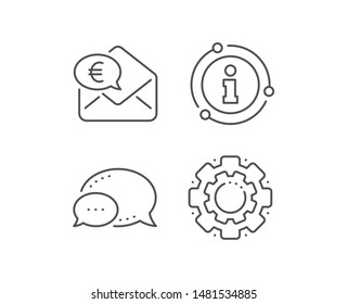 Euro via mail line icon. Chat bubble, info sign elements. Send or receive money sign. Linear euro money outline icon. Information bubble. Vector