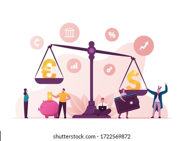 Euro Vs Dollar. Confrontation of European and American Economy and Financial Markets in World. Tiny Characters with Money at Huge Scales with USD and EUR Currency. Cartoon People Vector Illustration