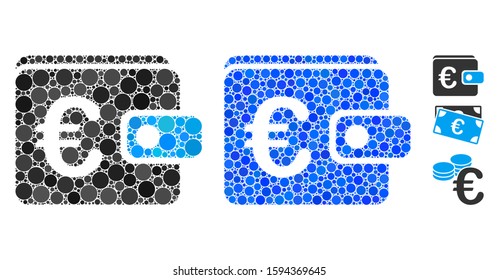 Euro wallet composition of small circles in different sizes and color tones, based on Euro wallet icon. Vector small circles are united into blue collage.