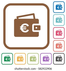 Euro wallet simple icons in color rounded square frames on white background