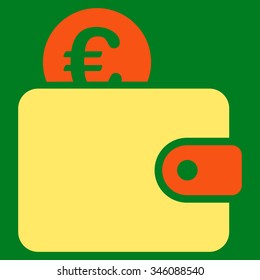 Euro Wallet vector icon. Style is bicolor flat symbol, orange and yellow colors, rounded angles, green background.