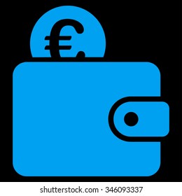 Euro Wallet vector icon. Style is flat symbol, blue color, rounded angles, black background.