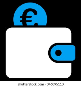 Euro Wallet vector icon. Style is bicolor flat symbol, blue and white colors, rounded angles, black background.