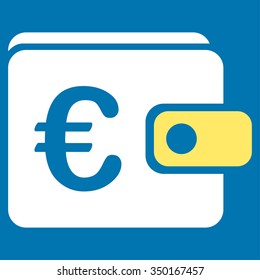 Euro Wallet vector icon. Style is bicolor flat symbol, yellow and white colors, rounded angles, blue background.