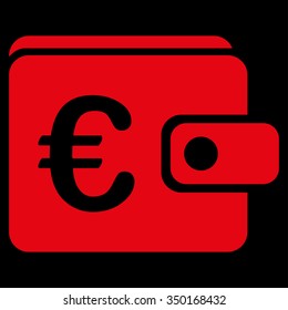 Euro Wallet vector icon. Style is flat symbol, red color, rounded angles, black background.