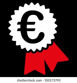 Euro Warranty Seal vector icon. Style is bicolor flat symbol, red and white colors, rounded angles, black background.