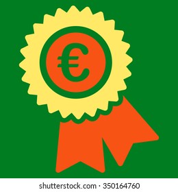 Euro Warranty vector icon. Style is bicolor flat symbol, orange and yellow colors, rounded angles, green background.
