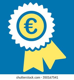 Euro Warranty vector icon. Style is bicolor flat symbol, yellow and white colors, rounded angles, blue background.