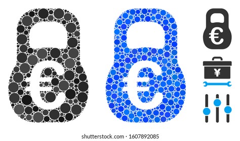 Euro weight composition of filled circles in different sizes and shades, based on Euro weight icon. Vector filled circles are composed into blue composition.