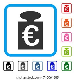 Euro Weight icon. Flat grey pictogram symbol inside a light blue rounded squared frame. Black, gray, green, blue, red, orange color variants of Euro Weight vector. Designed for web and app UI.