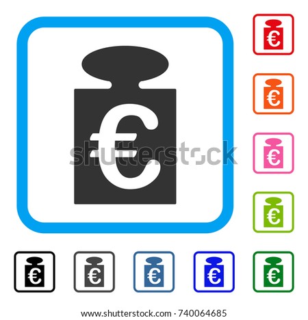 Euro Weight icon. Flat grey pictogram symbol inside a light blue rounded squared frame. Black, gray, green, blue, red, orange color variants of Euro Weight vector. Designed for web and app UI.