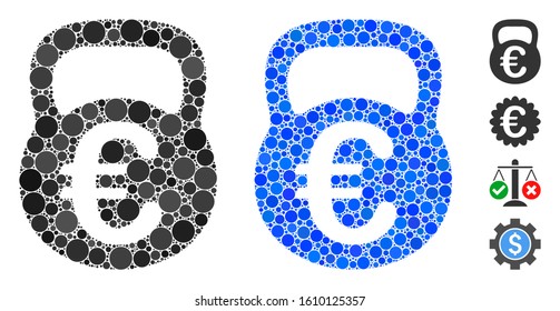 Euro weight mosaic of filled circles in variable sizes and shades, based on Euro weight icon. Vector filled circles are combined into blue collage. Dotted Euro weight icon in usual and blue versions.