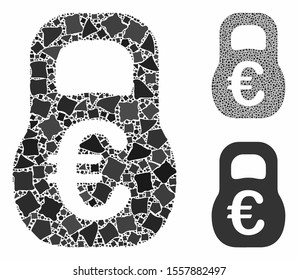 Euro weight mosaic of irregular elements in different sizes and color tints, based on Euro weight icon. Vector trembly elements are composed into collage.