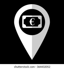euro - white vector icon;  map pointer