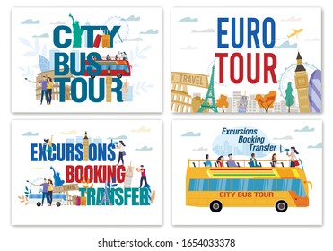 Euro and Worldwide Excursion. Booking Transfer and Bus City Tour Advertisement Set. Famous Building Landmark, Sightseeing Attraction and Happy People Tourist Creative Design. Vector Illustration