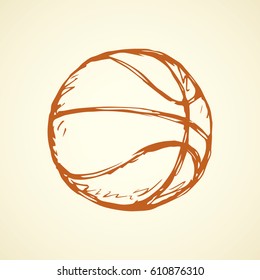 EuroBasket rubber sphere bowl on white backdrop. Freehand linear red ink hand drawn picture logo sketchy in art retro scribble contour style pen on paper. View closeup with space for text