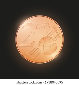 Eurocent coin with glow. European Union currency. Bronze coin isolated on black background. Vector illustration