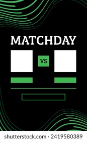 Europa Fußball-Konferenz Liga leere Matchday Vorlage mit schwarzem Hintergrund und grüne abgerundete Linien für zwei Teams Logo und Namen.