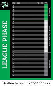 Europa conference league phase empty table for thirty six teams with soccer ball. Black and green blank football sport vector background.