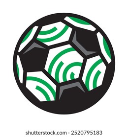 Ícone de bola de futebol com linhas verdes arredondadas. Símbolo internacional de balão da terceira liga de futebol da europa.