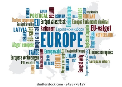 Europa European Elections multilingual. EU World Map Word Cloud isolated on white. European Election in different European languages and countries. media business. 