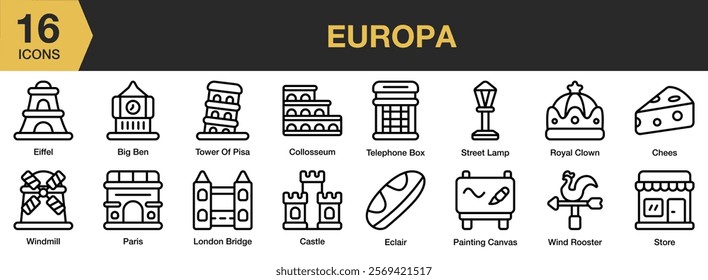 Europa icon set. Includes europe, travel, country, geography, city, town, state, architecture, and More. Outline icons vector collection.