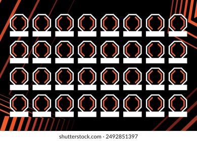 Europa league football soccer empty schedule template with octagon for 32 team logo and white name tag rectangle on black background with orange zig zag lines. 