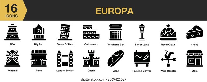 Europa solid icon set. Includes europe, travel, country, geography, city, town, state, architecture, and More. Solid icons vector collection.