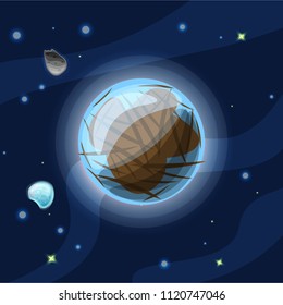 Europa, vector cartoon illustration. Blue and brown Jupiter Moon of Solar system in dark deep blue space, isolated on blue background