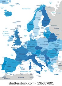 Europa-highly detailed map.All elements are separated in editable layers clearly labeled. Vector