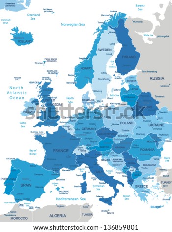 Europa-highly detailed map.All elements are separated in editable layers clearly labeled. Vector