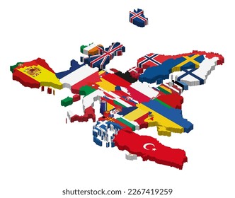 Europe 3d (isometric) map with national flags incorporated inside countries borders