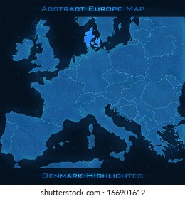 Europe abstract map. Denmark highlighted. Vector background. Futuristic style map. Elegant background for business presentations. Lines, point, planes in 3d space. eps 10