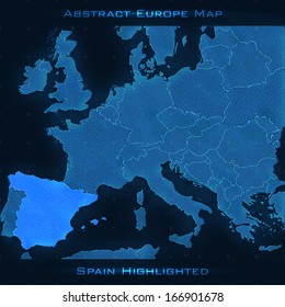 Europe abstract map. Spain highlighted. Vector background. Futuristic style map. Elegant background for business presentations. Lines, point, planes in 3d space. eps 10