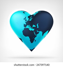 Europe and Africa earth globe shaped as heart at modern graphic design isolated vector illustration on white background 