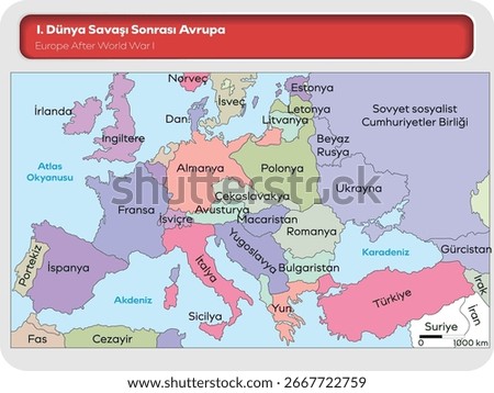 Europe after World War I map showing new borders and countries such as Germany, France, Poland, Austria, Hungary, Czechoslovakia, Yugoslavia, Soviet Union and Turkey.