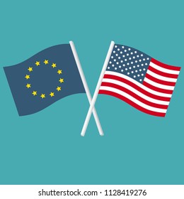 Europe American flags. Vector political  icon set of flags of the United States of America and the European Union. Illustration US and EU flags are crossed and swaying in the wind.