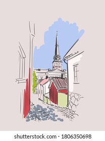 Europe architecture drawing, Sketch of old town and Cathedral in Vasteras, Sweden. Hand drawn colored illustration