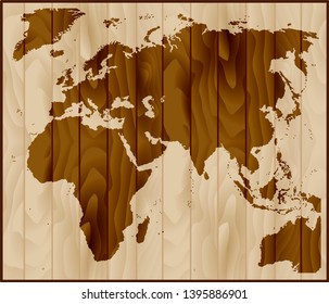 Europe, Asia and Africa map on wood background