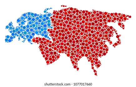 Europe And Asia Map composition of spheric dots in variable sizes. Scattered round blots are arranged into Europe And Asia Map illustration. Vector geographic map vector illustration.
