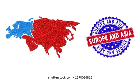 Europe and Asia map polygonal mesh with filled triangles, and unclean bicolor stamp. Triangle mosaic Europe and Asia map with mesh vector model, triangles have various sizes, and positions,