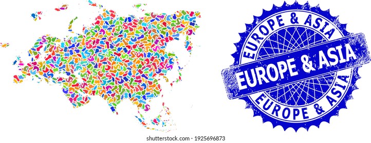 Imagen vectorial de Europa y Asia. Mapa de mosaicos y marca arañada para Europa y Asia. Marcador azul rosetón con etiqueta para el mapa de Europa y Asia.