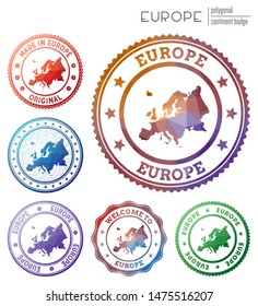 Europe badge. Colorful polygonal continent symbol. Multicolored geometric Europe logos set. Vector illustration.