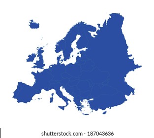 Europe blue vector map isolated on white background. High detailed illustration.